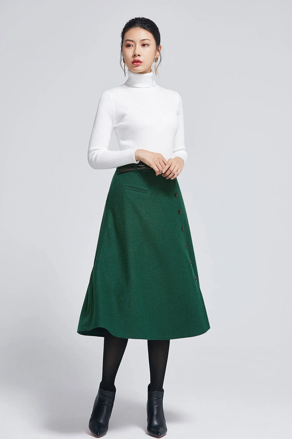 Dark Green Wool Blend Midi Skirt – Elegant Buttoned A-Line Skirt 