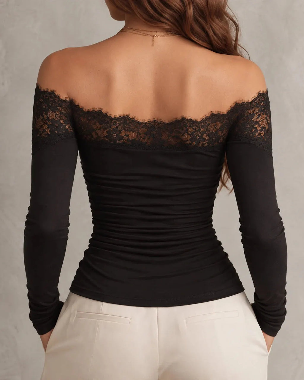 Black Off-Shoulder Ruched Lace Top