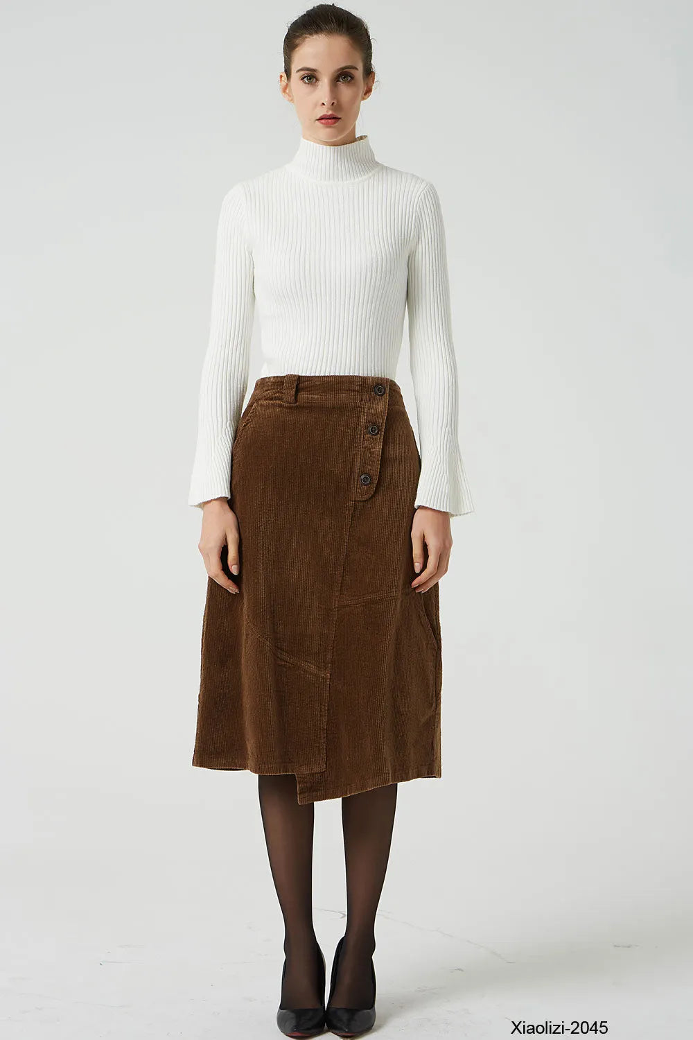 Brown Corduroy Knee Length Skirt - A-Line with Elastic Waistband 2045