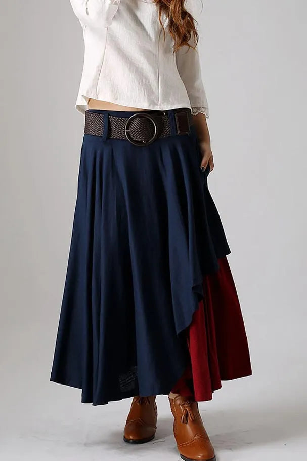 Navy Linen Layered Maxi Skirt - Pleated, Side Zip, Pockets 869