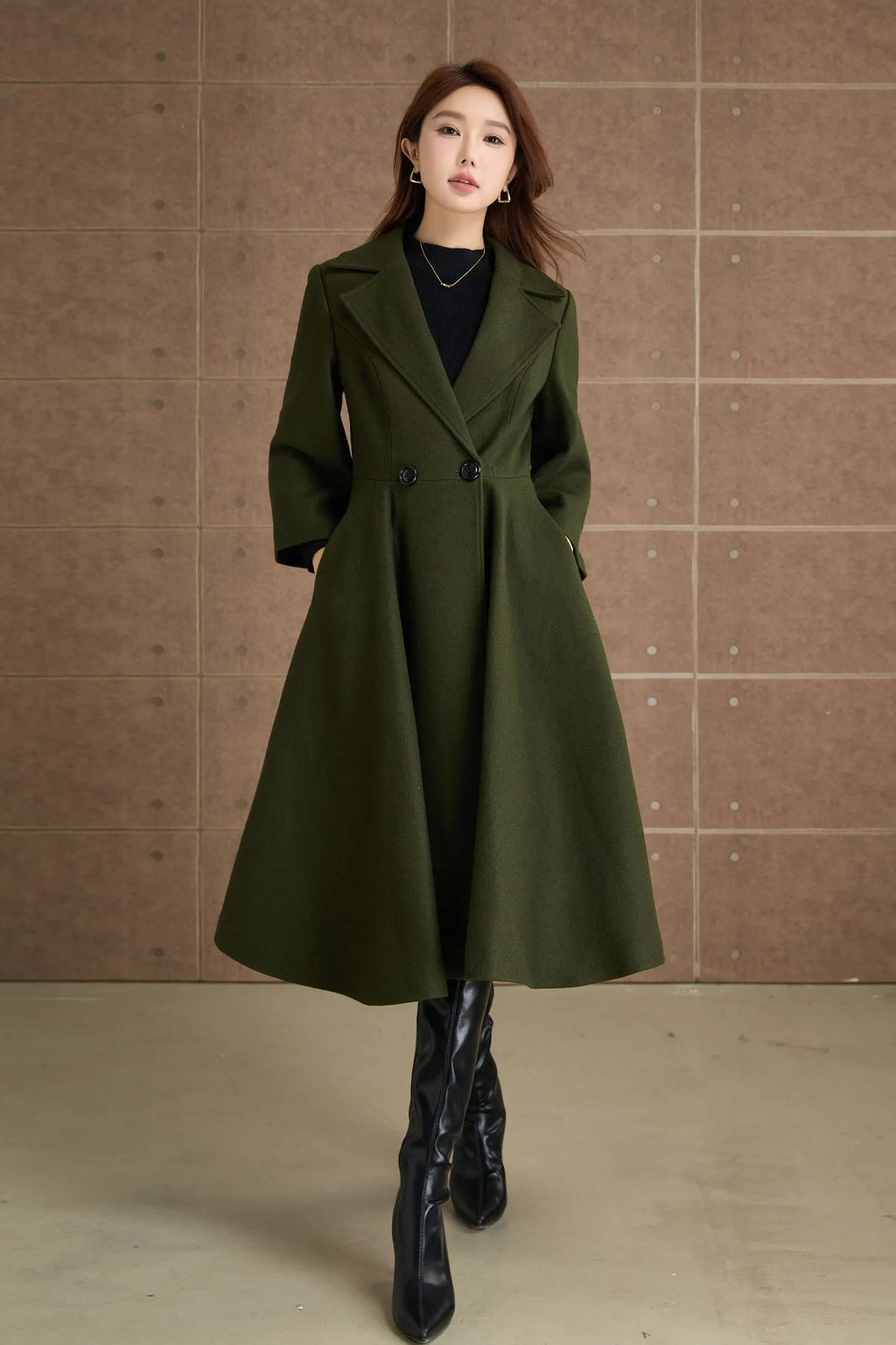 Green Wool Princess Coat - Fit and Flare, 3/4 Sleeves 5364