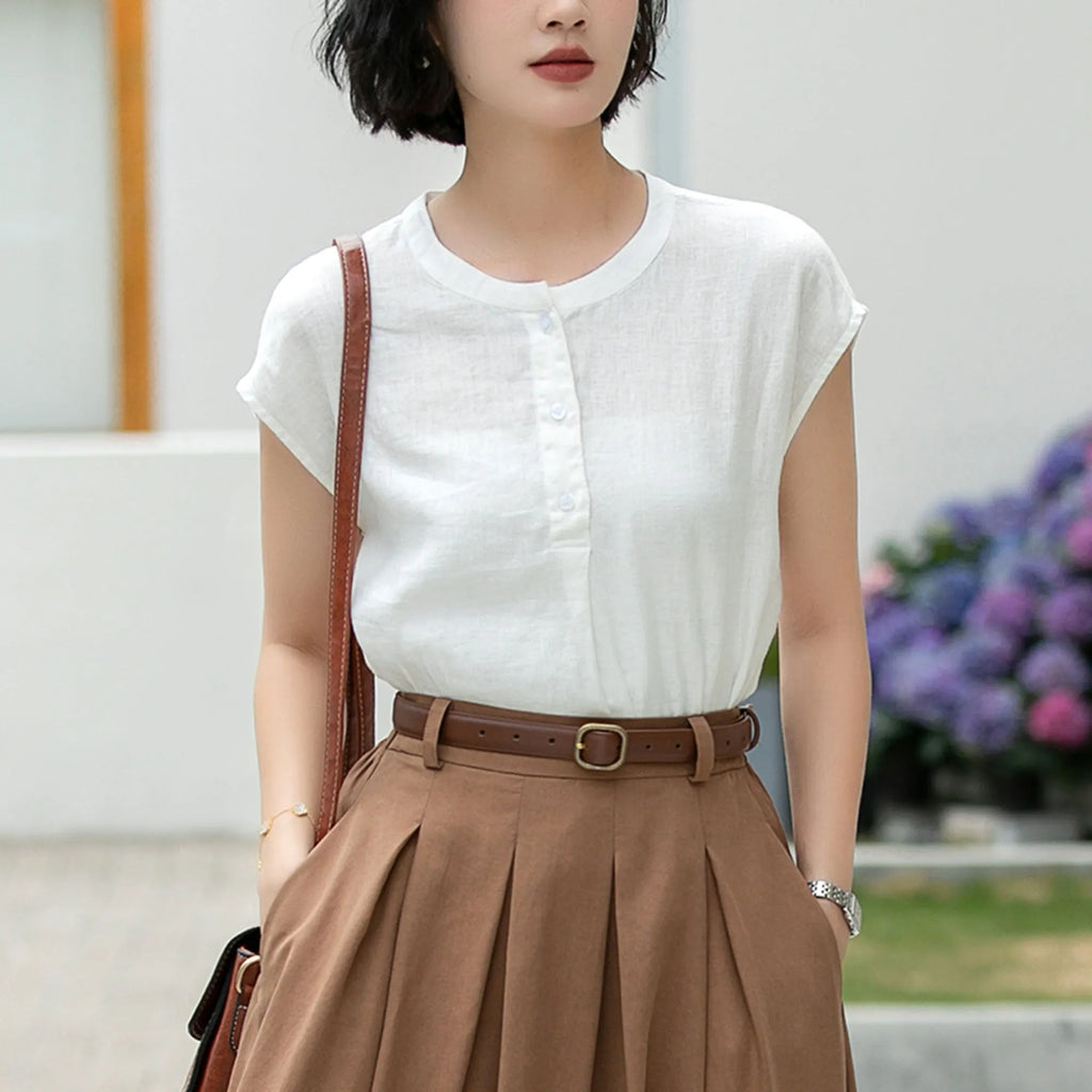 White Linen Blouse - Vintage Button Front with Subtle Ruffle Neckline 5992