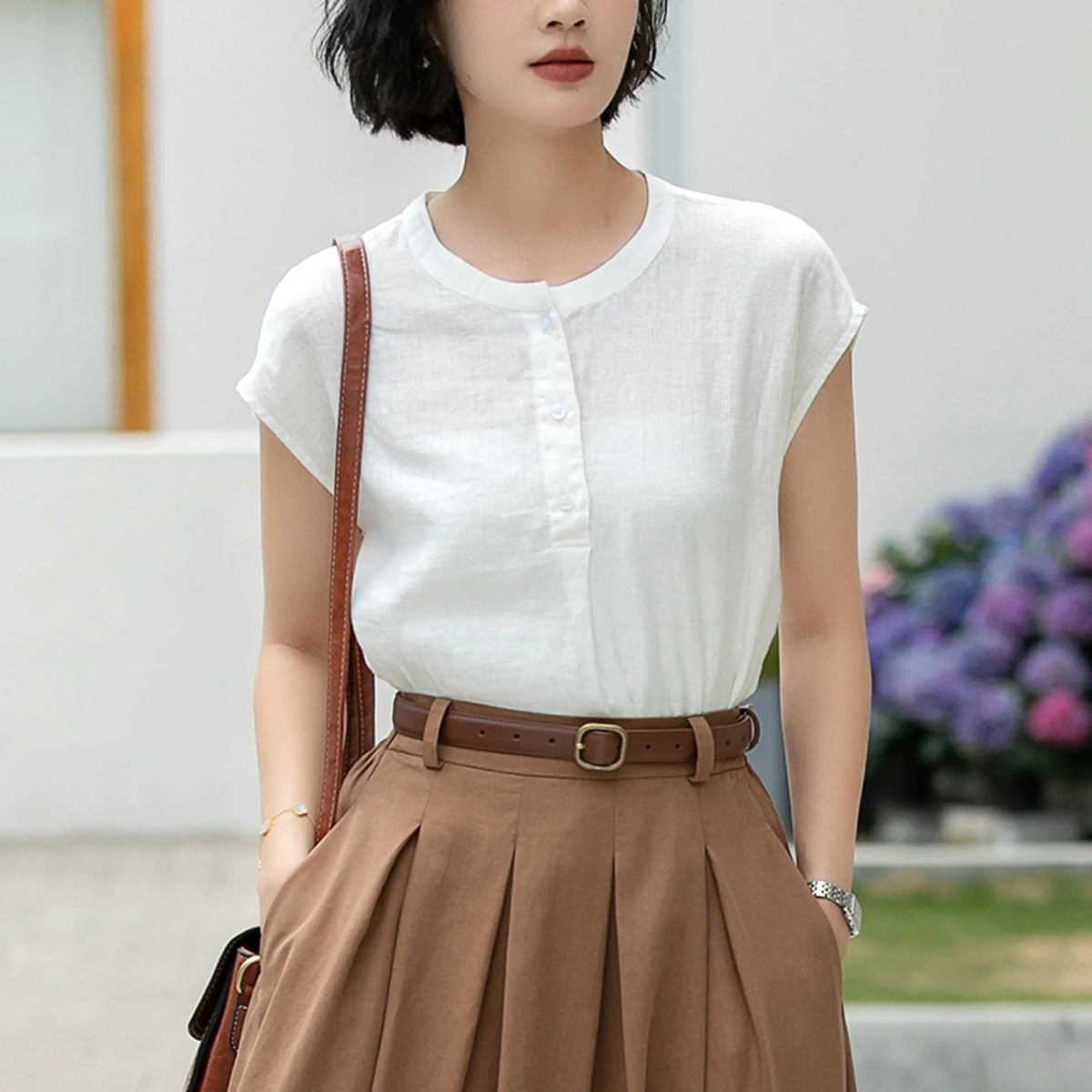 White Linen Blouse - Vintage Button Front with Subtle Ruffle Neckline 5992