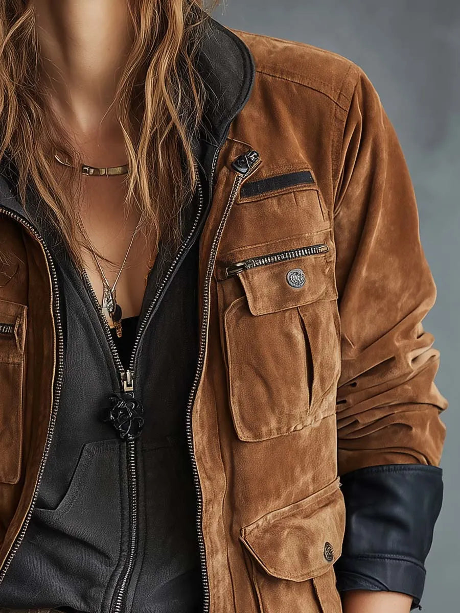 Vintage Suede Utility Jacket With Leather Trim