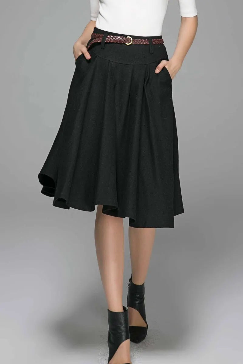 Black Wool Midi Skirt – Vintage High Waist Skirt with Pockets 1390