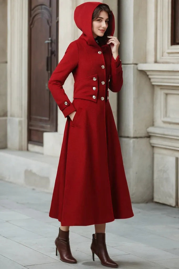 Red Wool Blend Coat - Hooded Ankle Length A-Line 