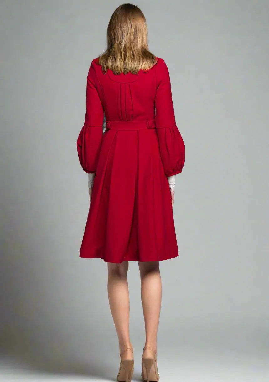 Women’s Red Wool Coat – Handmade Vintage Pleated Winter Dress Coat 1330