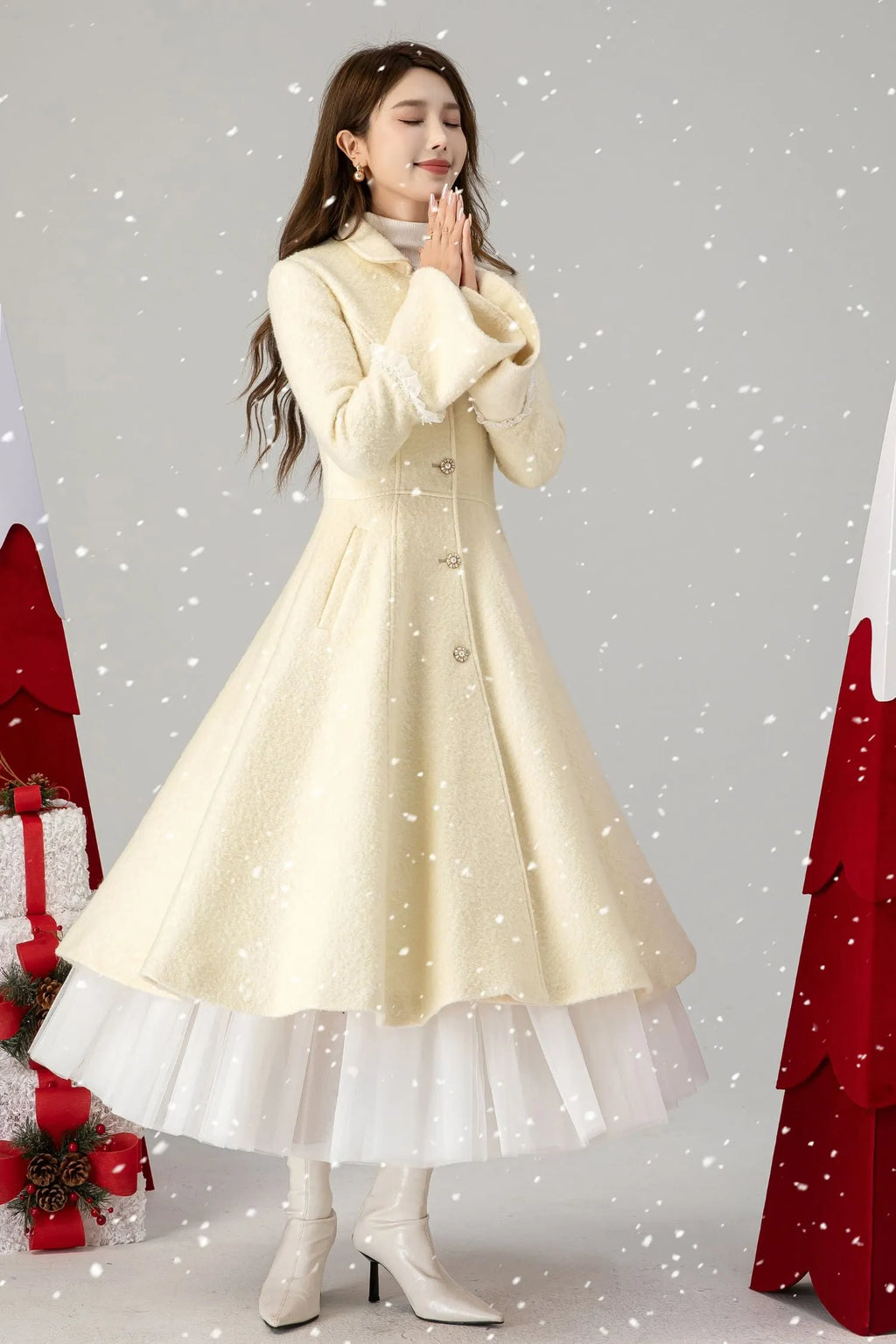 Beige Wool Swing Coat - Flared Sleeves, Knee-Length 4617