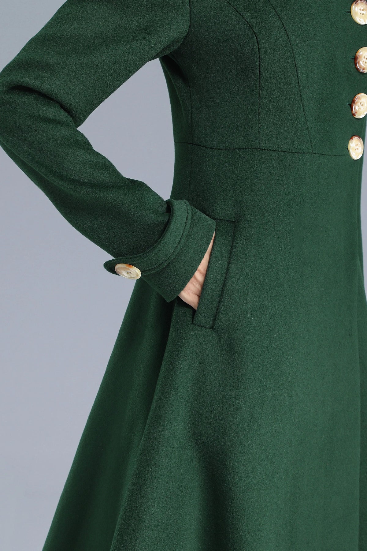 Emerald Green Wool Blend Trench Coat - Fit and Flare Silhouette 3207