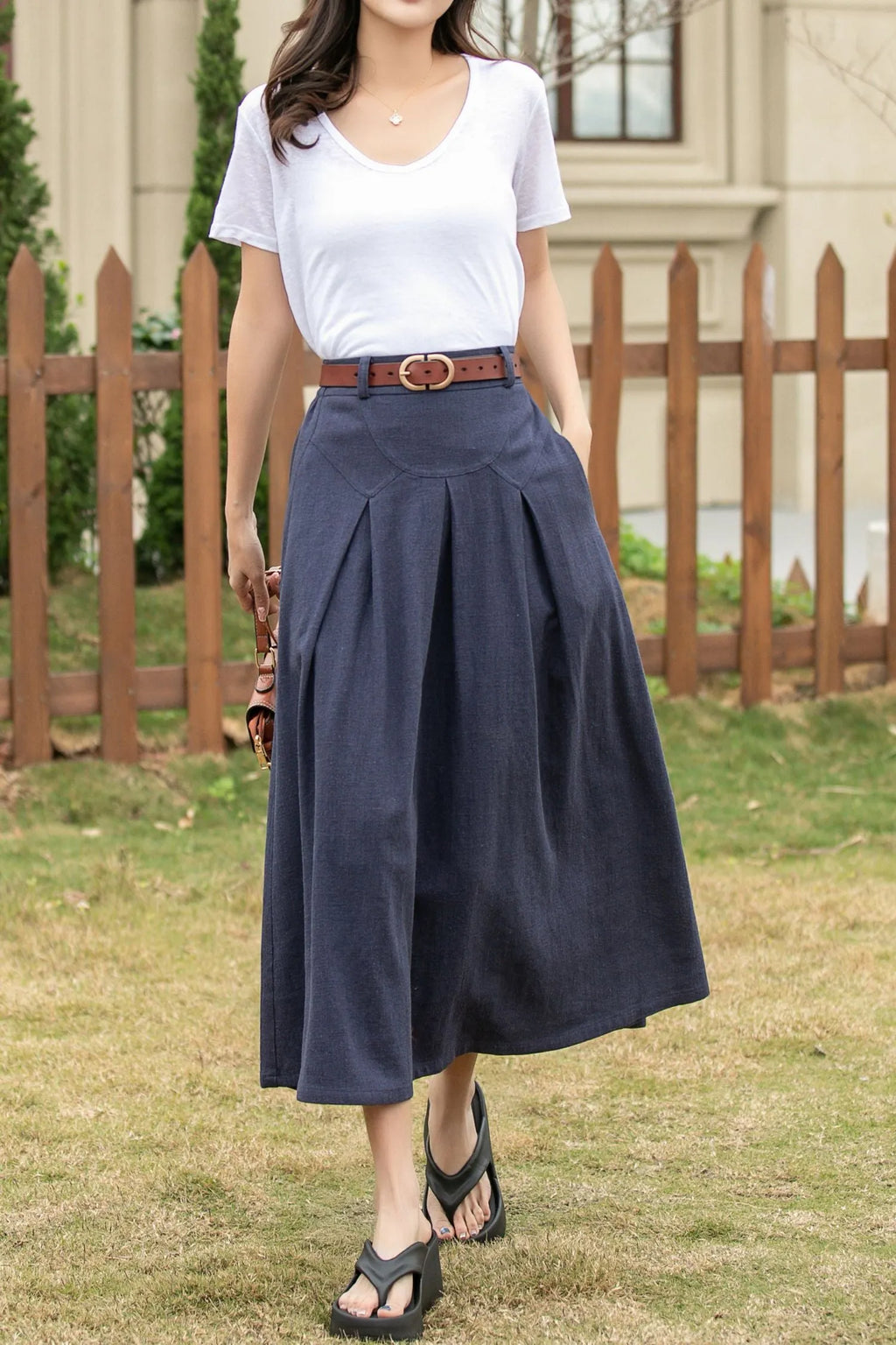 Dark Blue Linen Cotton Midi Skirt - A-Line with Pockets 4943