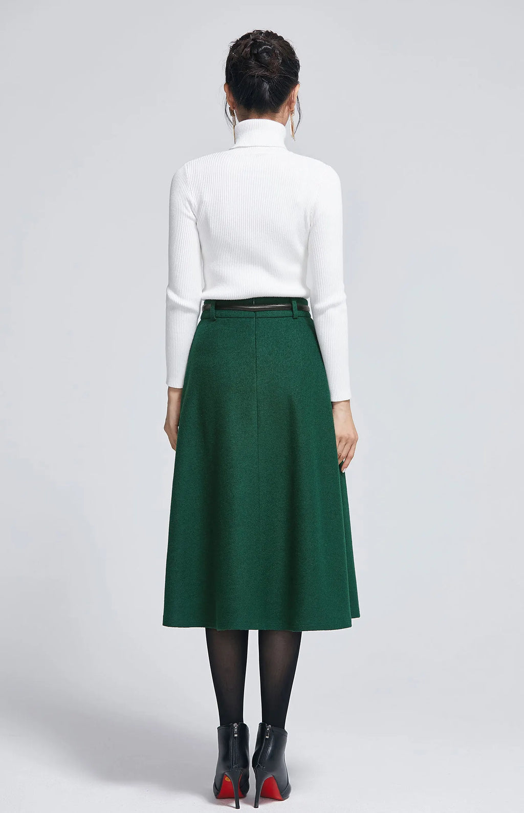 Dark Green Wool Blend Midi Skirt – Elegant Buttoned A-Line Skirt 