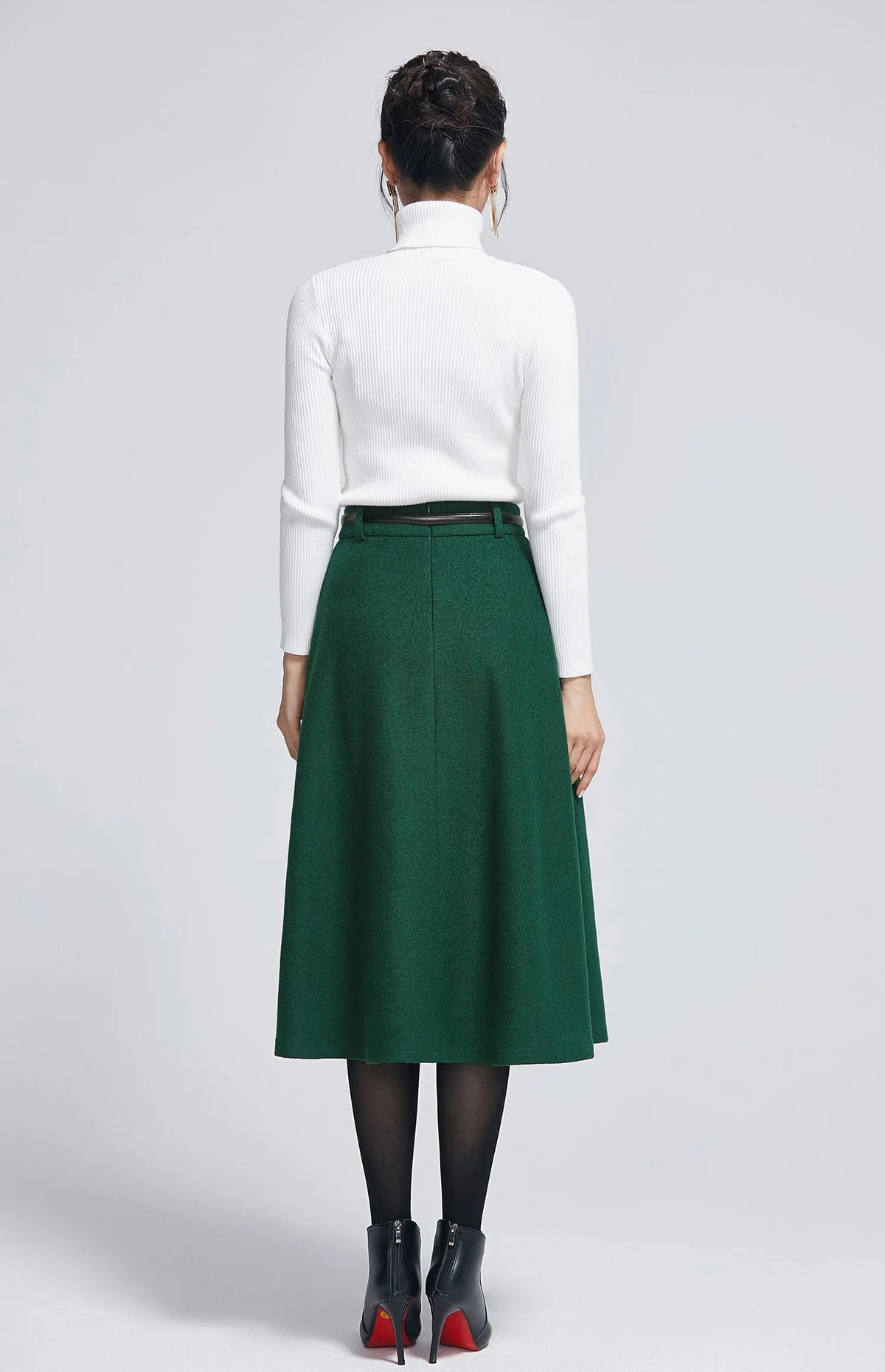 Dark Green Wool Blend Midi Skirt – Elegant Buttoned A-Line Skirt 
