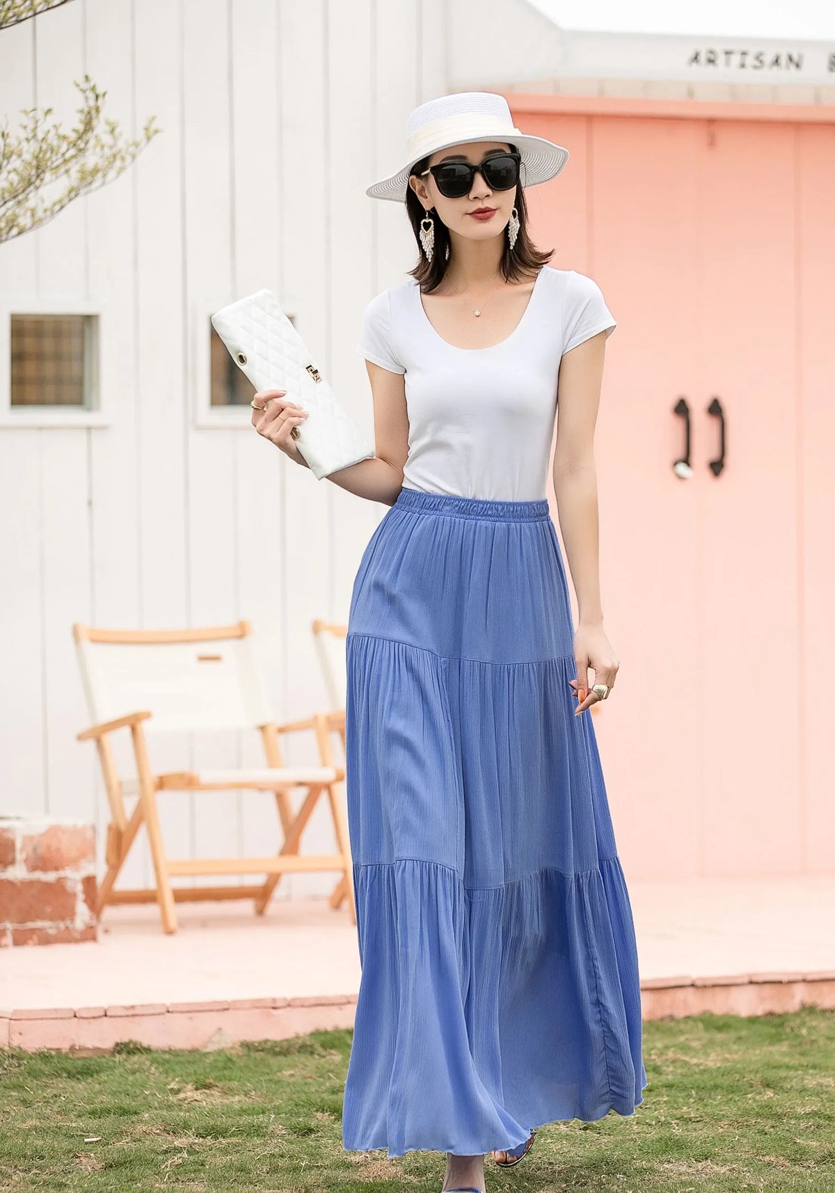 Blue Linen Cotton Maxi Skirt - Tiered, Elastic Waist 2717