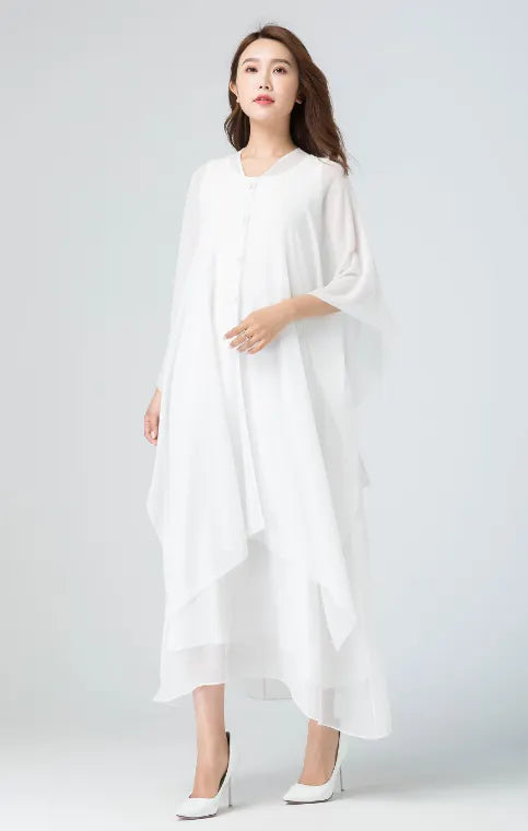 White Chiffon Maxi Dress – Handmade Flowy Cape Sleeve Vintage Elegance 1917