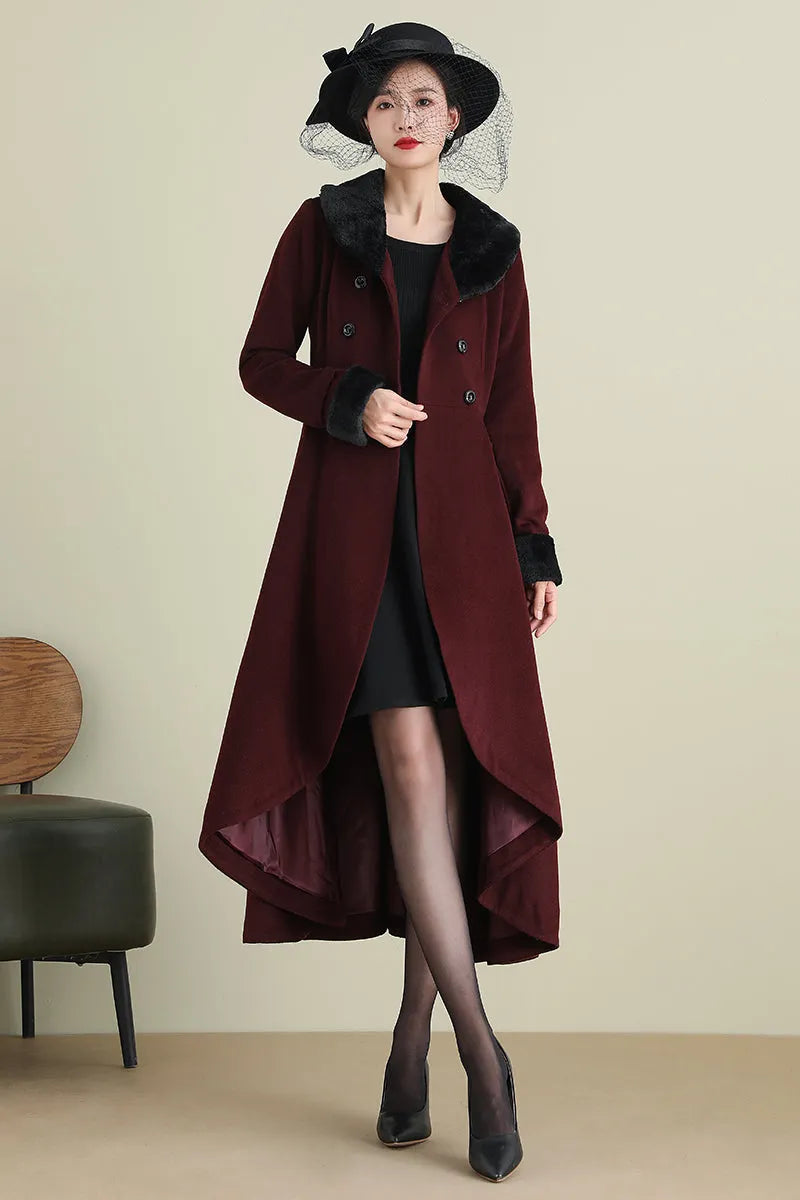 Xiaolizi Vintage Burgundy Wool Coat for Women – Handmade A-line High-Low Winter Coat with Faux Fur Collar 3895