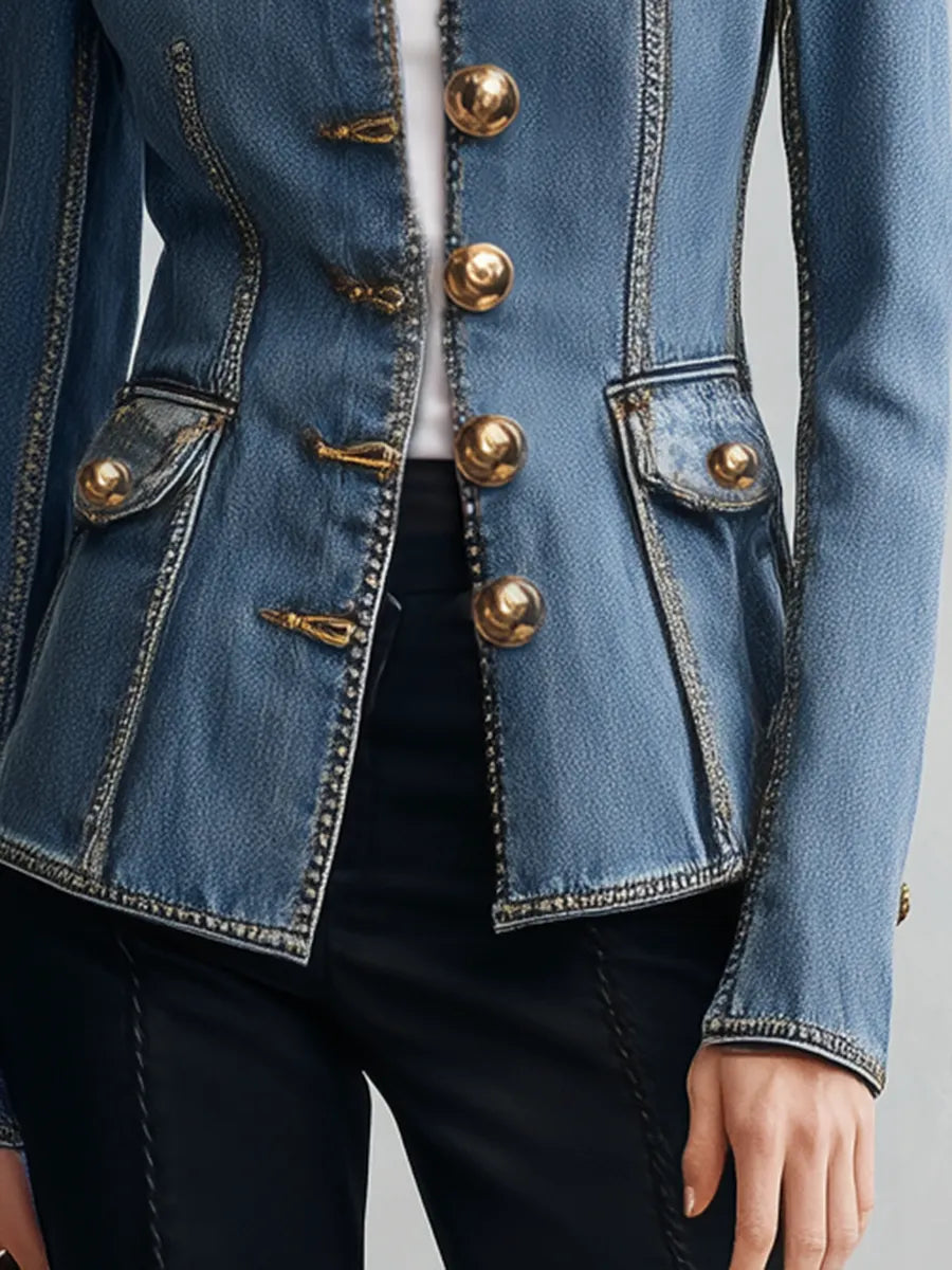 Retro Denim Stand Collar Military Jacket