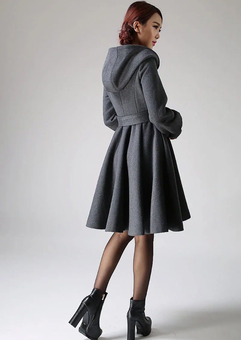 Dark Gray Wool Swing Coat - Hooded with Tie Waist and Lantern Sleeves 1073
