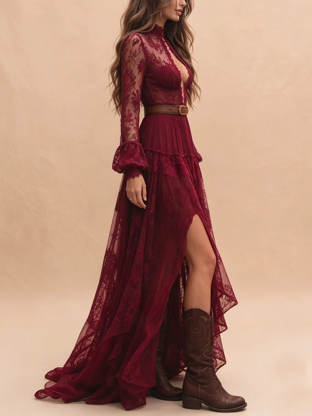 Festival Dress — Burgundy Mock Neck Keyhole Lace Dress Maxi Dress