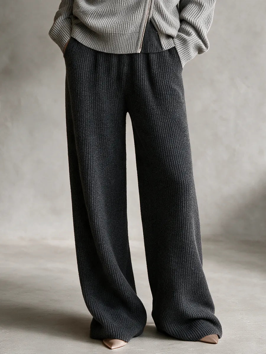 Women's Dark Grey Rib‑Knit Elastic Waist Wide‑Leg Trousers MDZ0311I2R