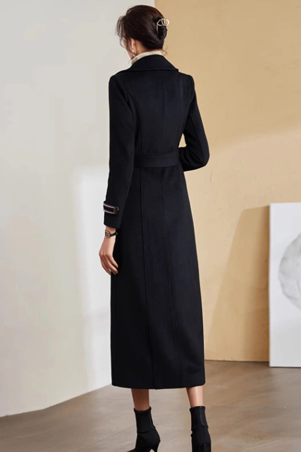Black Wool Long Coat - Tie Belt Waist, Lapel Collar 5283