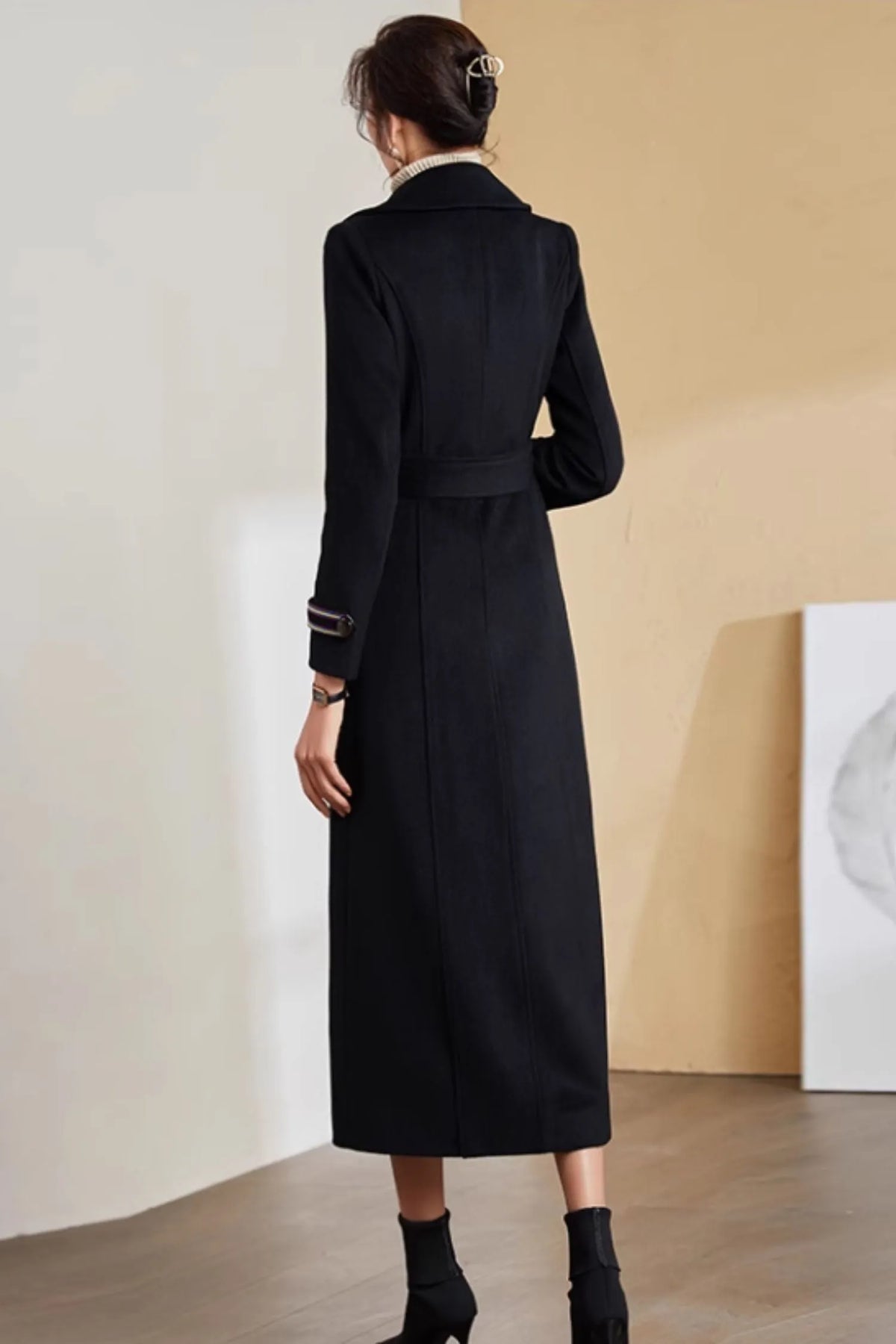 Black Wool Long Coat - Tie Belt Waist, Lapel Collar 5283