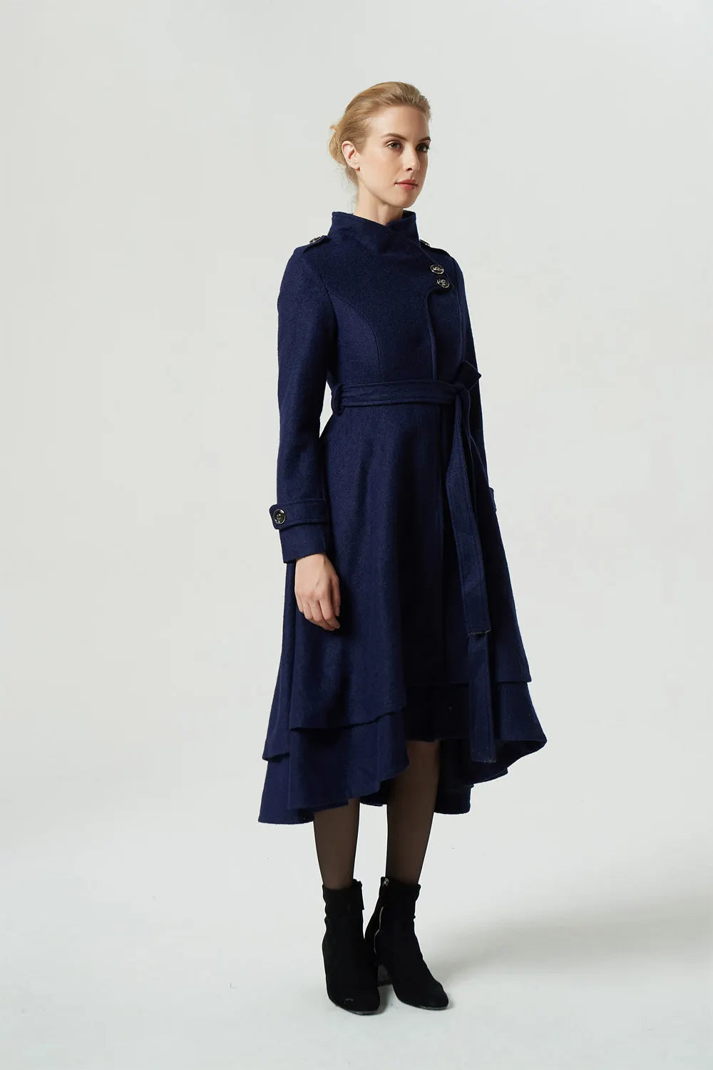 Vintage Wool Coat for Women – Handmade Navy Asymmetrical Belted Long Winter Coat 