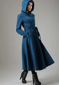 Vintage Teal Blue Wool Coat – Handmade Hooded Belted Winter Overcoat 