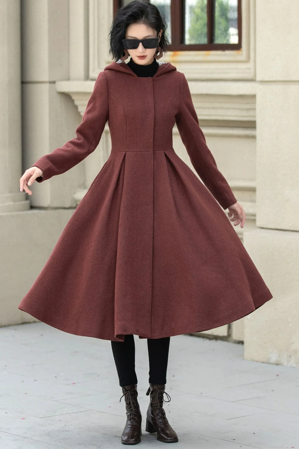 Rust Wool A Line Winter Coat - Hooded Swing Silhouette 5347