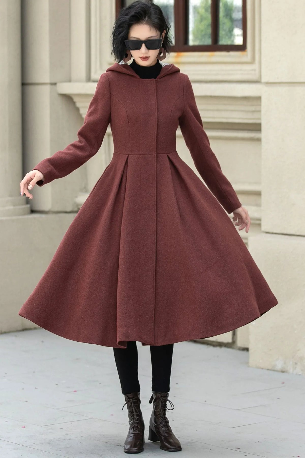 Rust Wool A Line Winter Coat - Hooded Swing Silhouette 5347