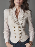 Vintage Ivory Pinstripe Ruffle-Front Button Blouse