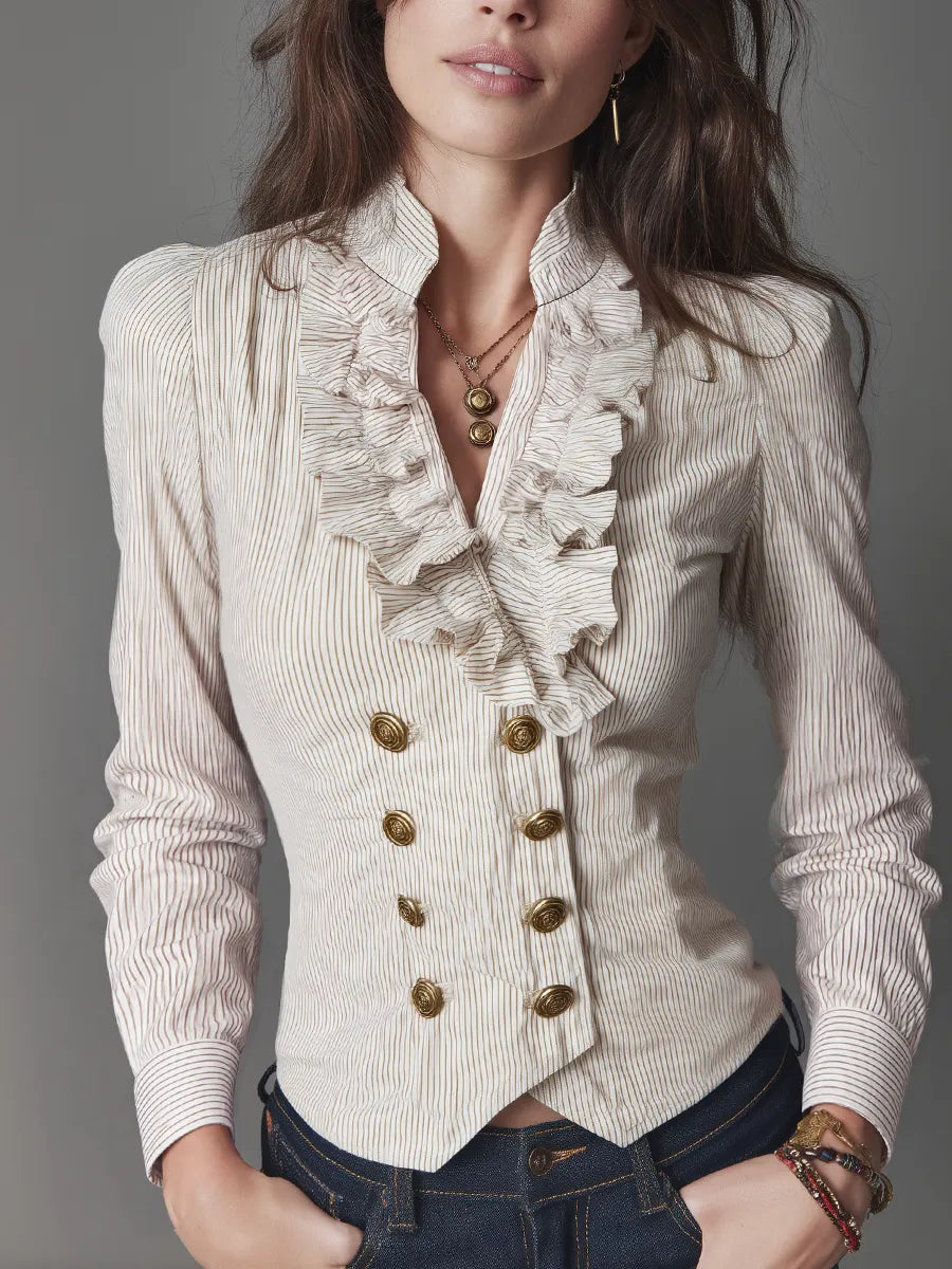 Vintage Ivory Pinstripe Ruffle-Front Button Blouse