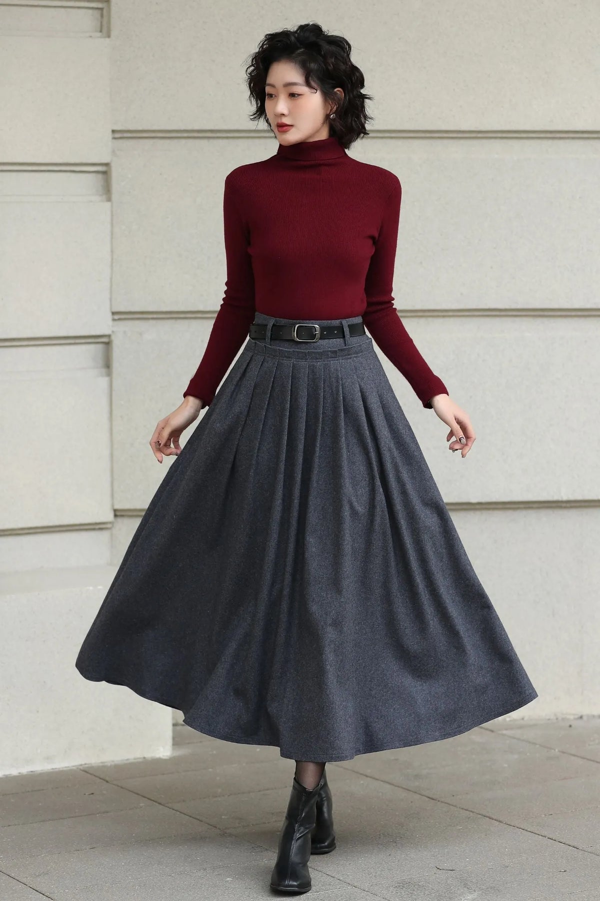 Handmade Vintage Wool Skirt – Gray Pleated A-Line Midi Skirt for Winter 6613