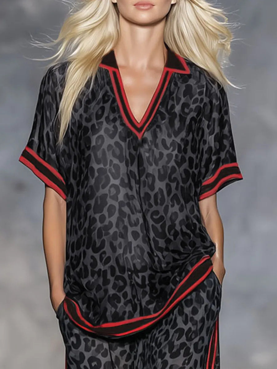 Leopard Print Chiffon Short-sleeved Top And Trousers Set