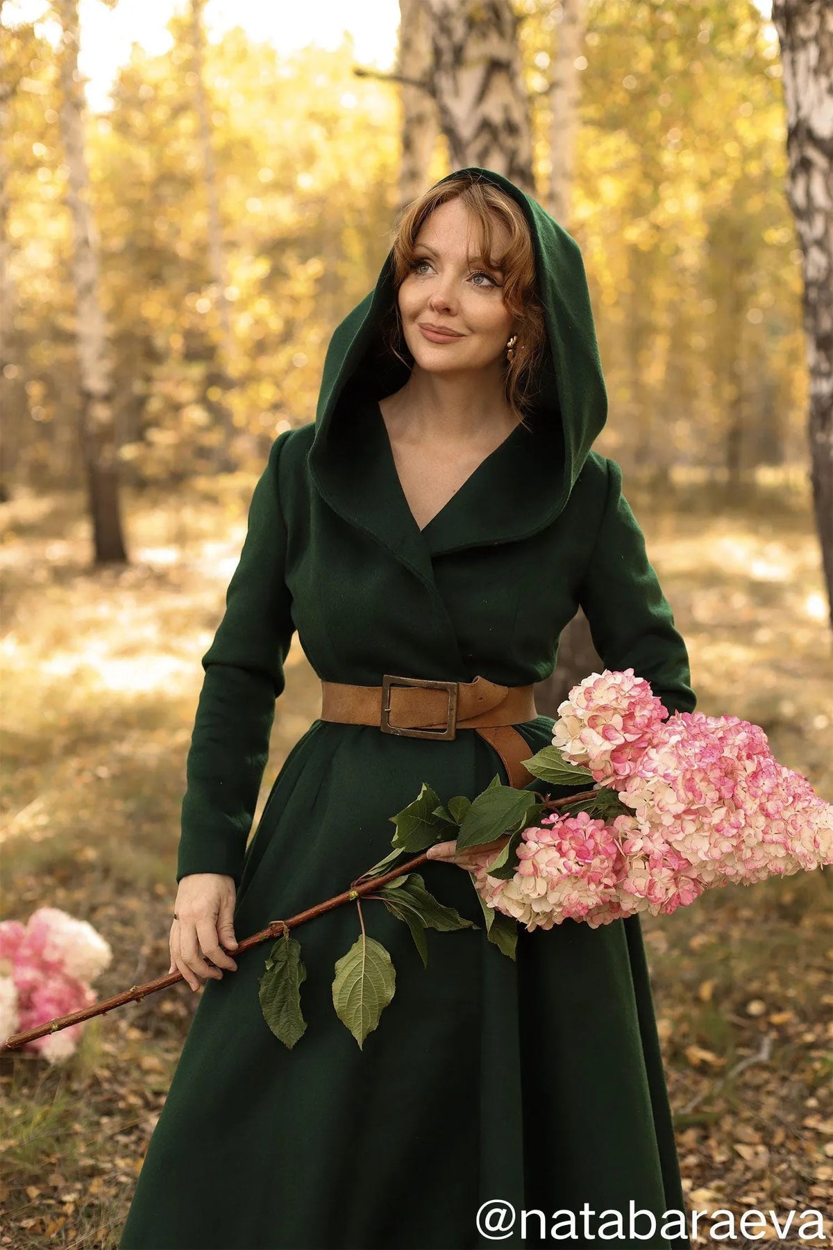 Green Wool Blend Hooded Coat - Belted Oversize Flare 