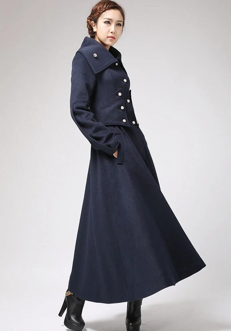 Navy Blue Wool Military Coat – Vintage Long Winter Overcoat with Silver Buttons 0701