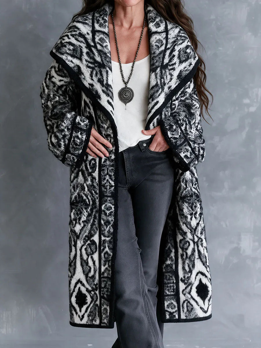 Vintage Black White Nomadic Tribal Knit Maxi Coat With Wide Shawl Collar