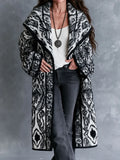 Vintage Black White Nomadic Tribal Knit Maxi Coat With Wide Shawl Collar