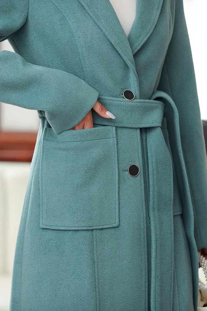 Minimalist Wool Blend Coat – Handmade Light Teal Long Winter Overcoat 