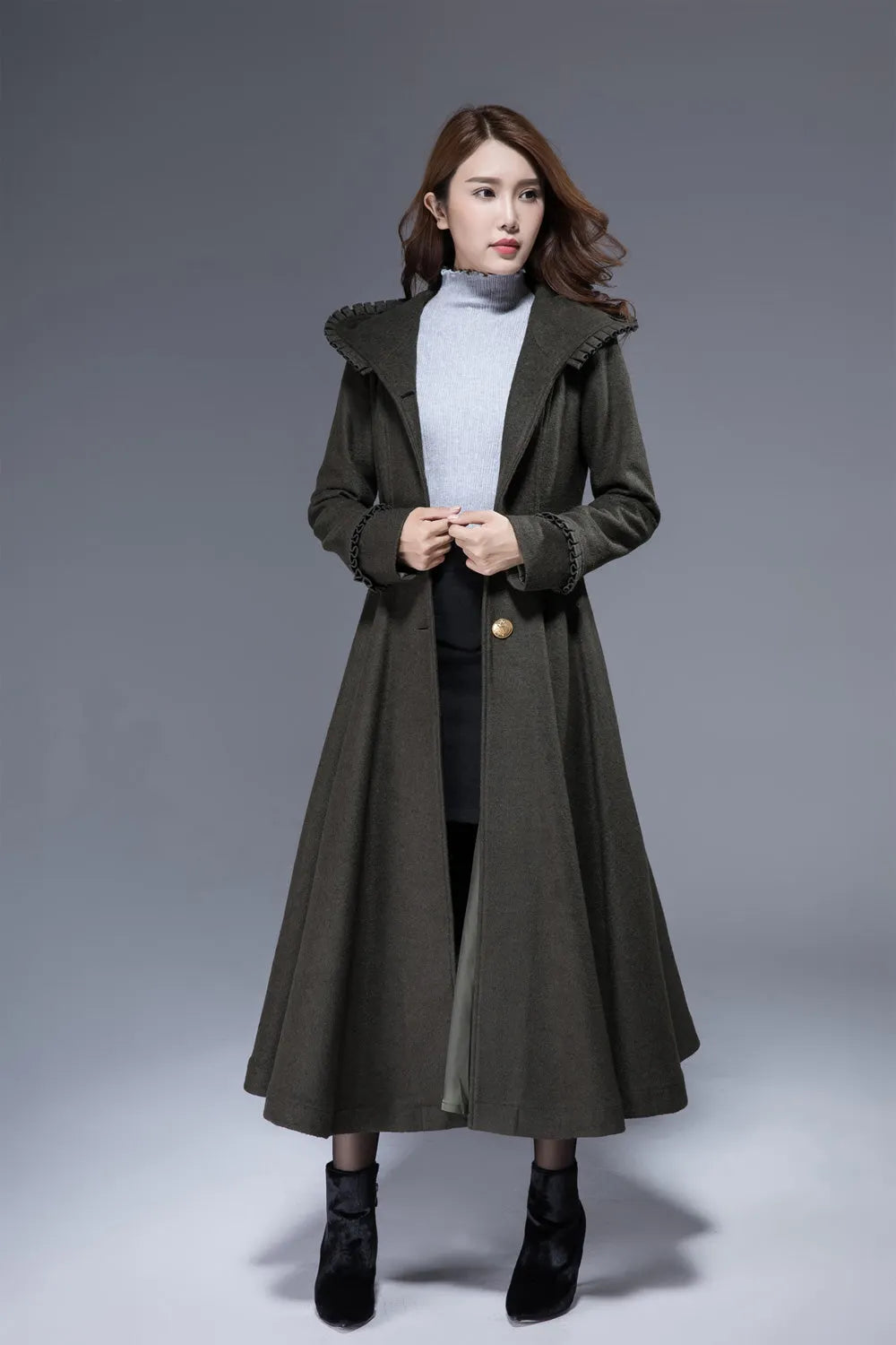Army Green Hooded Wool Maxi Coat – Ruffle Trim Fit & Flare Winter Coat 