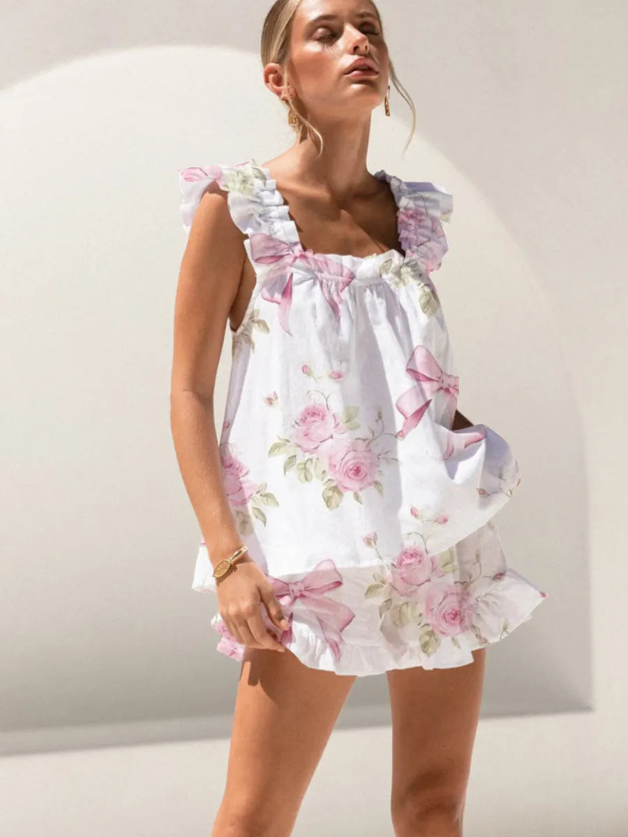 Rose Bow Print Ruffled Trim Short Tank Top Shorts Pajama Set