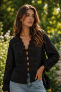 Black Eyelet Lace-Up Long Sleeve Blouse
