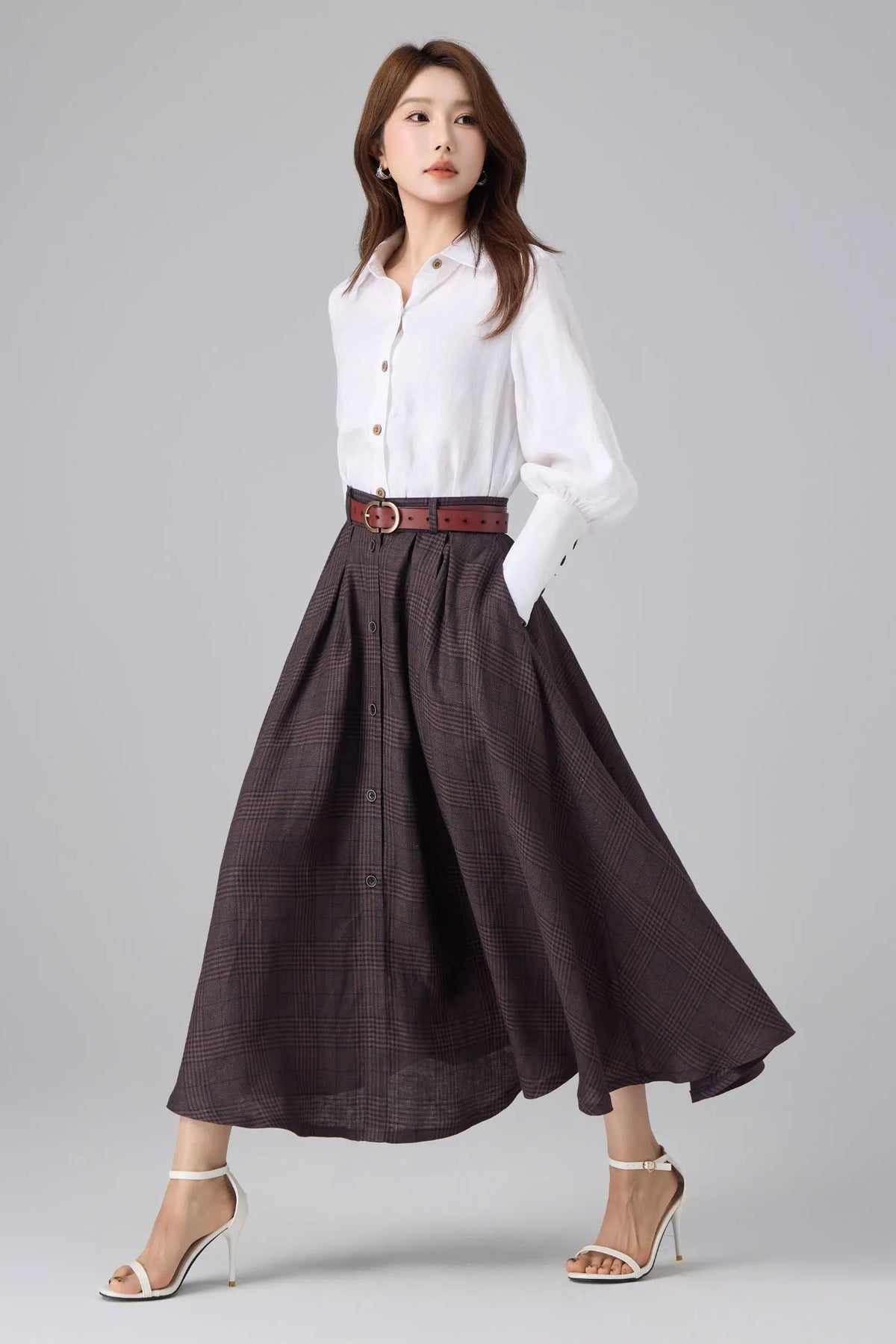 Brown Linen Cotton Skirt - Plaid High Waist 