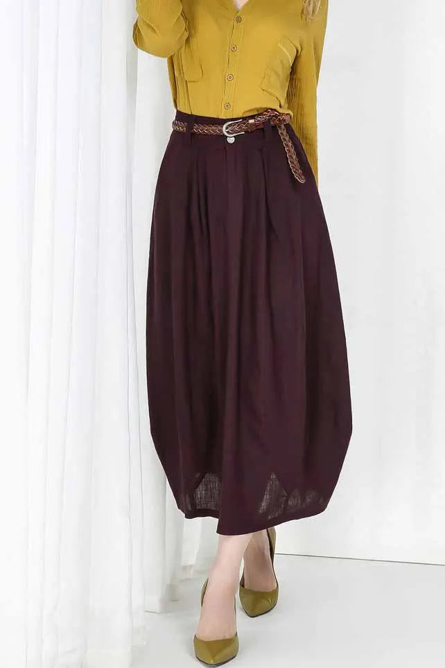 Handmade Linen Bubble Skirt Green – High-Waist Pleats Midi – 0984