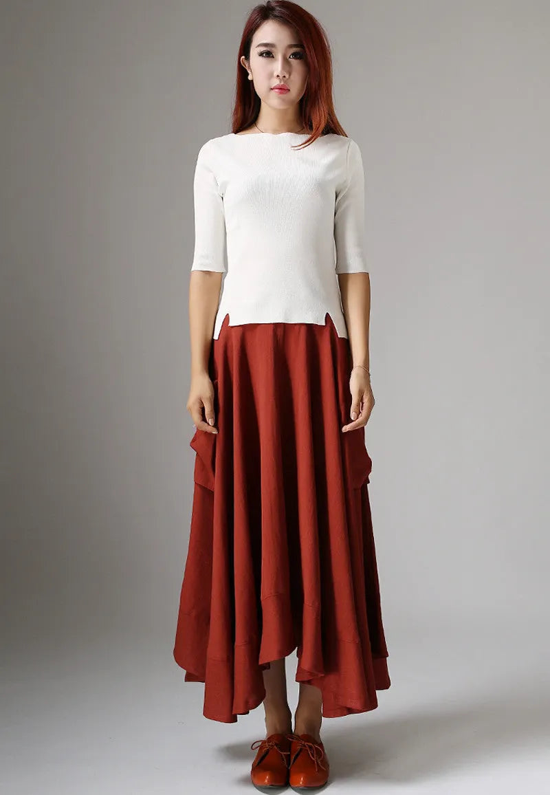 Red Linen Maxi Skirt - Asymmetric Ruffle Hem Pockets 