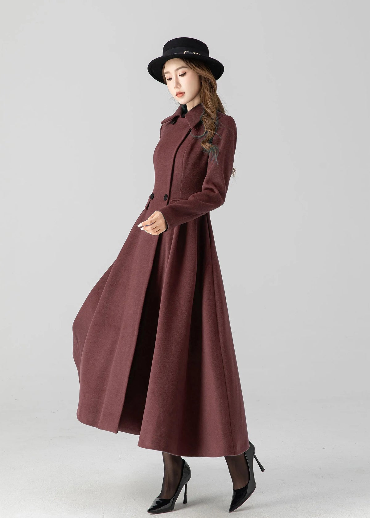 Burgundy Wool Long Coat - Vintage Inspired A-Line Swing 5506