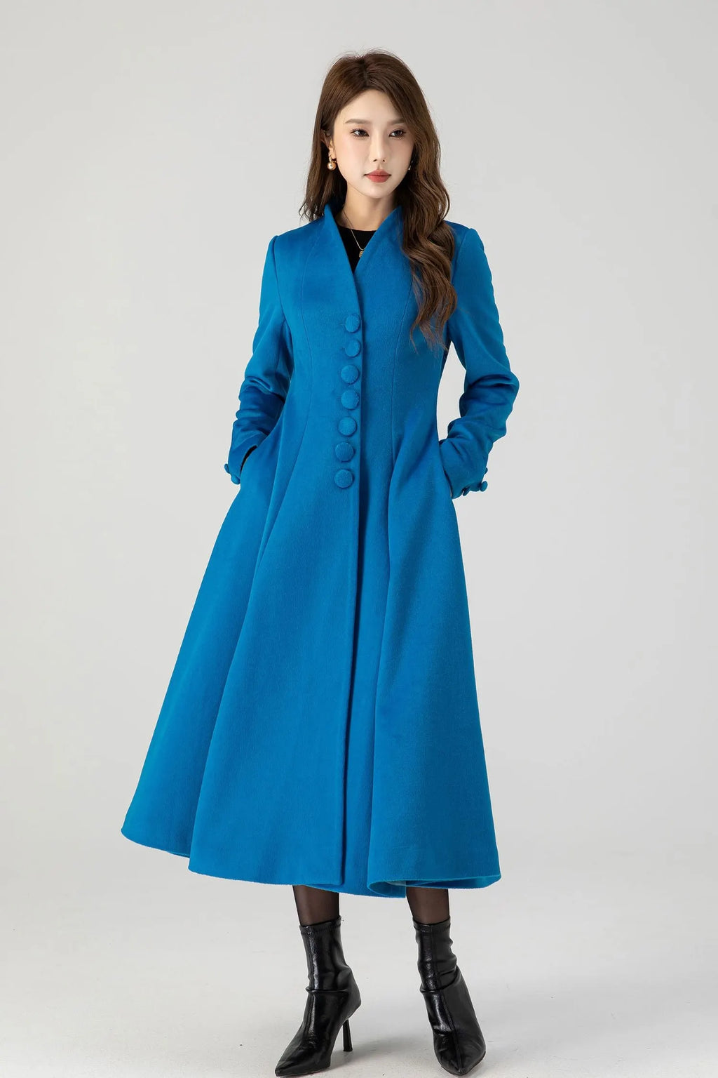 Blue Wool Swing Midi Coat - Double-Breasted Elegant Fit 4602