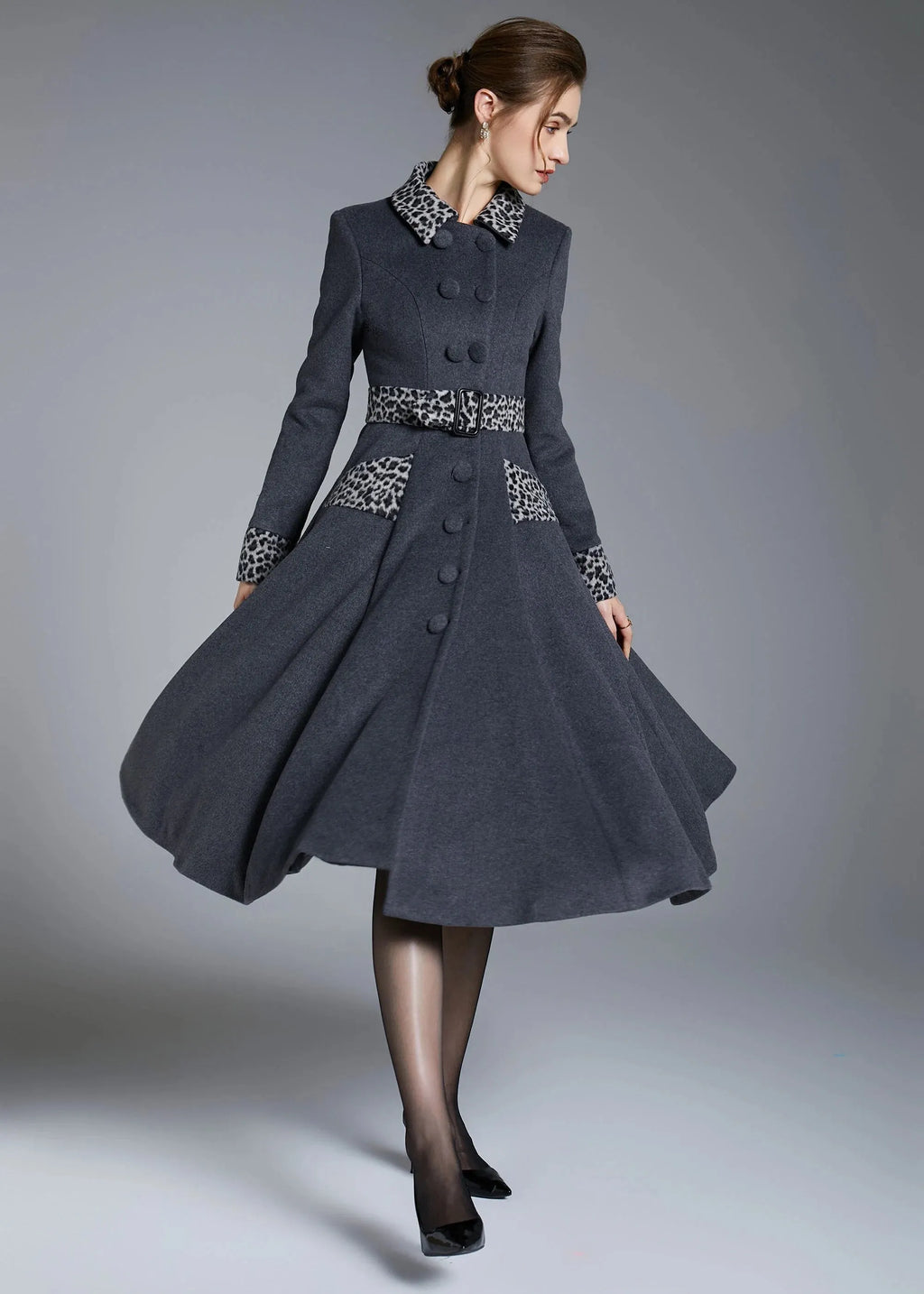Gray Wool Midi Swing Coat - Leopard Trim & Belted Fit and Flare 3872