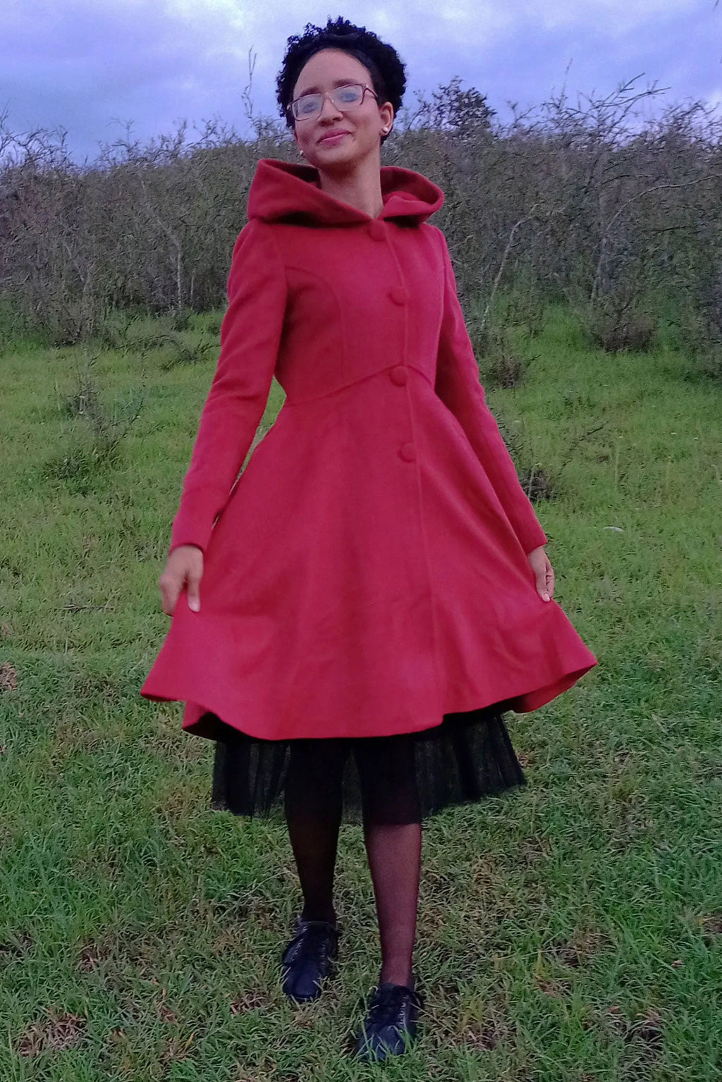 Red Wool Hooded Coat - Fit and Flare Swing Silhouette 3226
