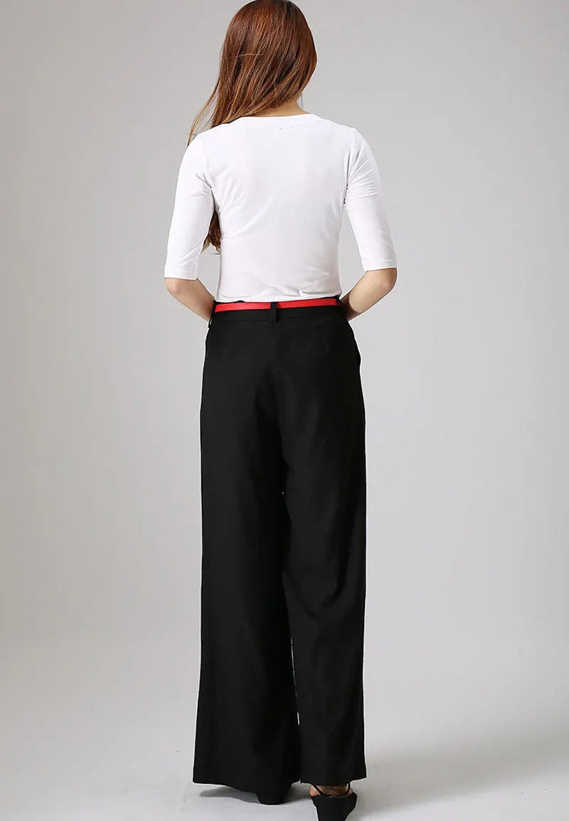 Black Linen Cotton Wide Leg Pants - Palazzo A-Line 