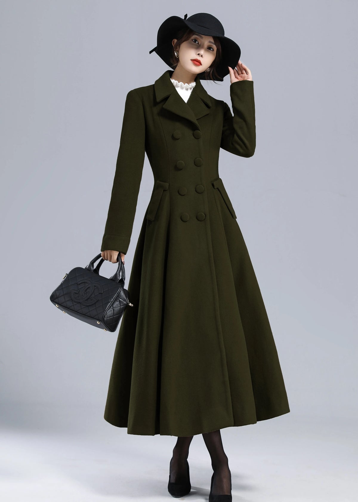 Forest Green Wool Maxi Coat – Vintage Fit and Flare Double Breasted Overcoat 5497